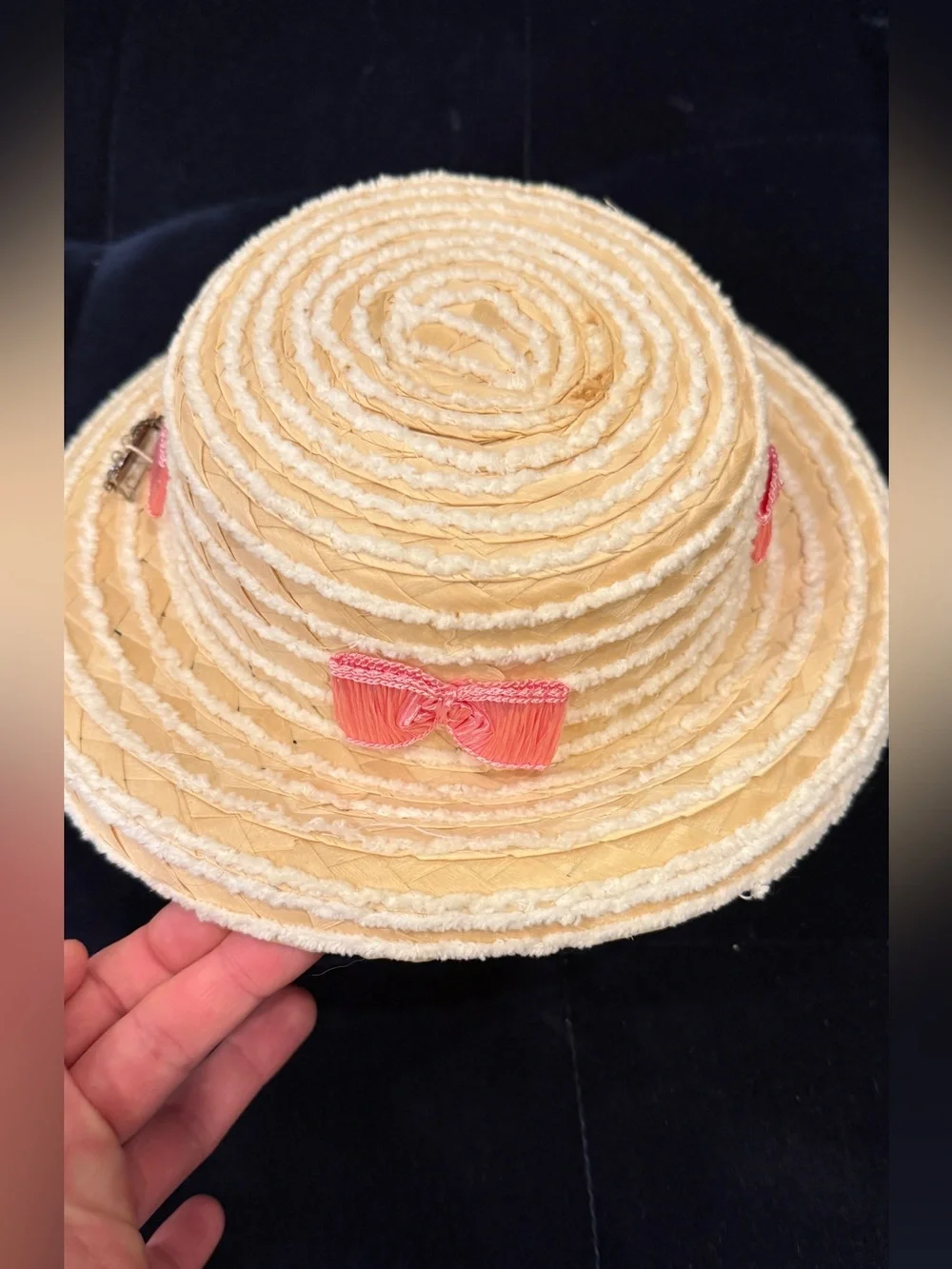 Vintage Straw Women's Hat with Pink Bows and Pin Made in Italy